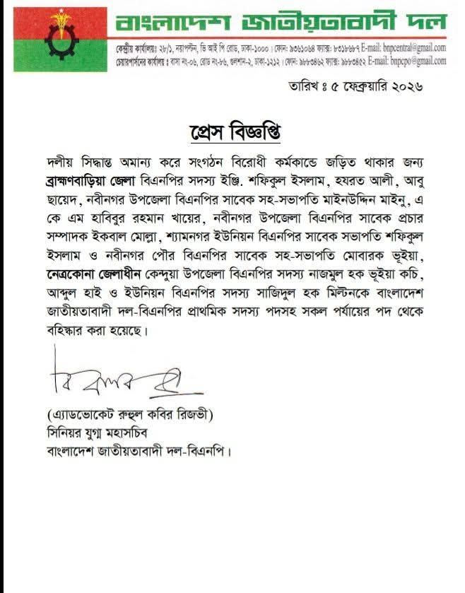 ব্রাহ্মণবাড়িয়ায় বিএনপির ৮ নেতাকর্মী বহিষ্কার